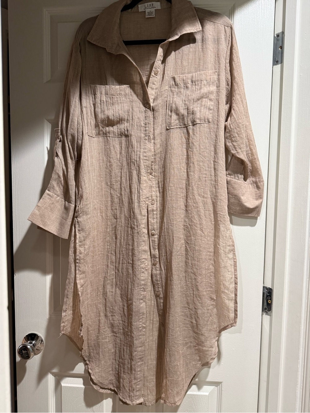 Beige Long Button-Up Women’s Cover up Shirt